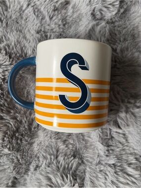 Indigo White Ceramic Mug with Yellow Stripes & Navy Handle - “S”